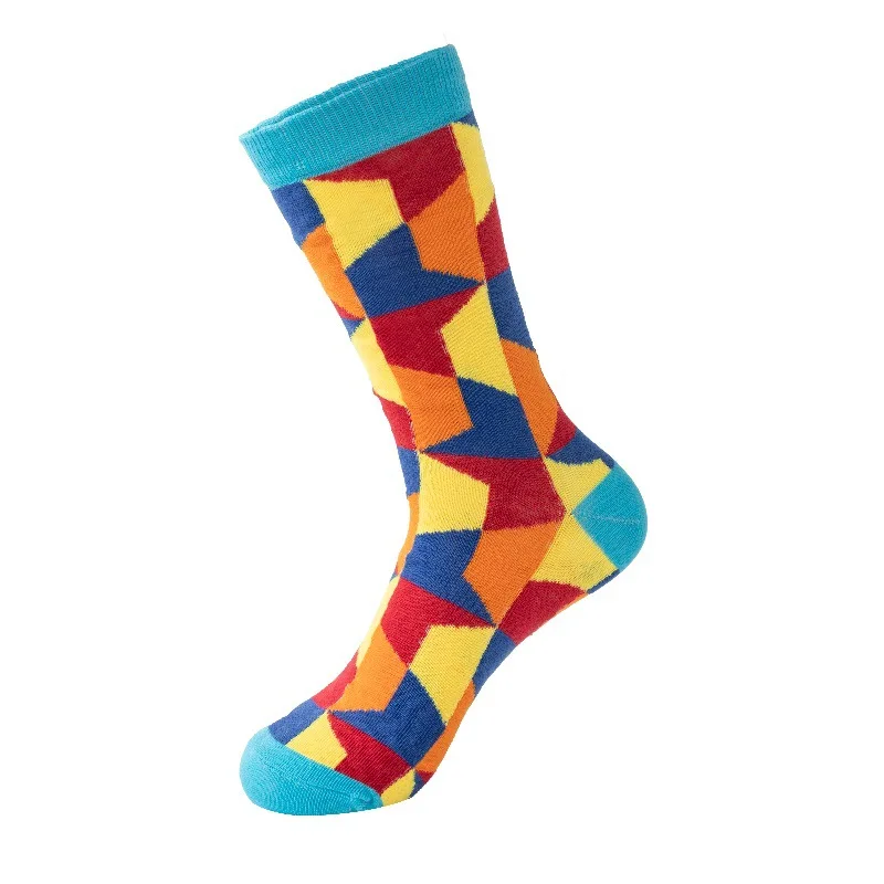 격자 무늬 기하학적 다이아몬드 패턴 색상 대비 혼합 하라주쿠 힙합 스타일 남성용 편안한 통기성 미드 카프 양말(5쌍)