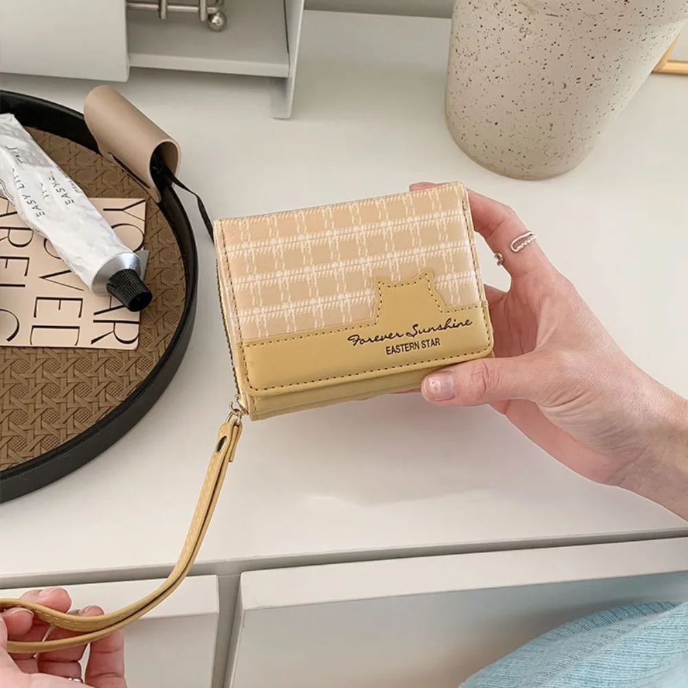 Waterproof Cute Cat Wallet Large Capacity Korean Style Hanging Wrist Bag Solid Color Multiple Card Slots Plaid Coin Pouch