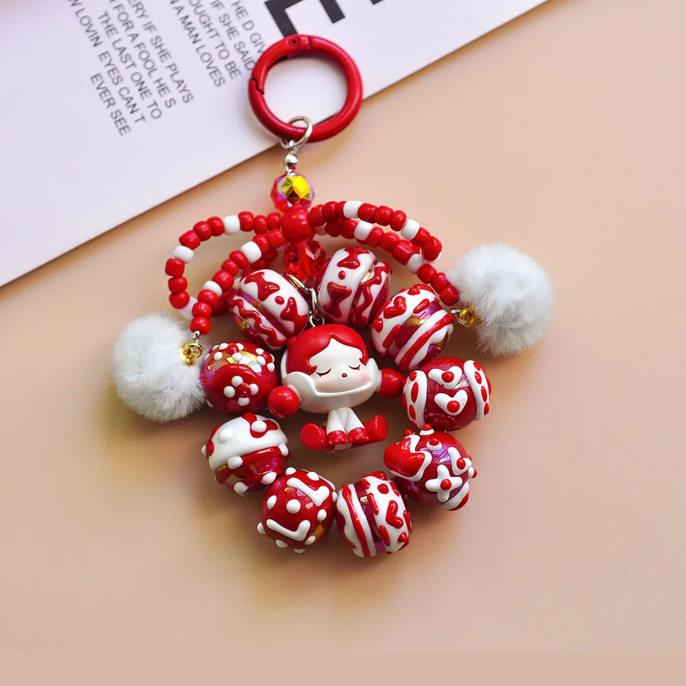 New Year Style Cute Cartoon Bubble Mart Phone Chain Hand-drawn Beaded Key Chains Ornaments