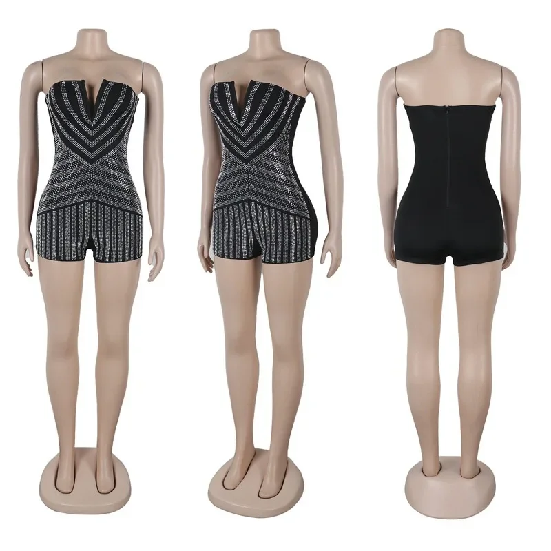 Sparkly Diamonds Rhinestone Playsuit Woman Romper Night Club Outfit Birthday V-neck Strapless One Piece Jumpsuit Shorts Elegant