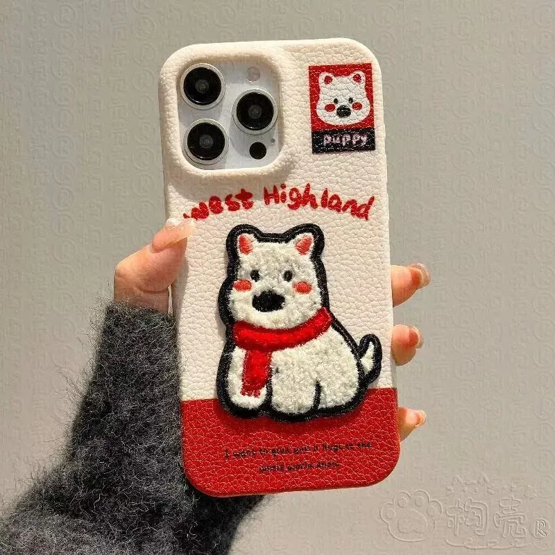 

Luxury Bear Dog penguin embroidery leather Soft Case protection for iPhone 16 15 13 12 11 14 Pro Max XS XR 7 8 Plus X SE Coque