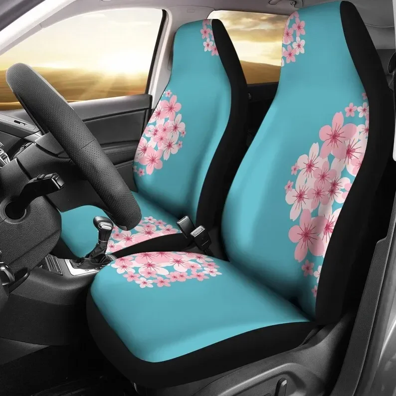 Teal Blue With Pink and White Cherry Blossom Flower Bouquets Car Seat Covers Set Universal Bucket Seat Covers For Most Car and S