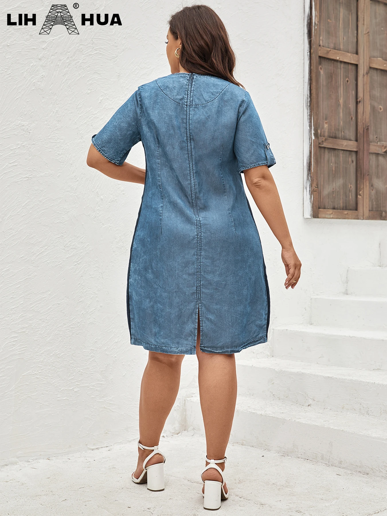 LIH HUA Women's Plus Size Denim Dress Summer Chic Elegant Dress For Chubby Women's Woven Cotton Dress