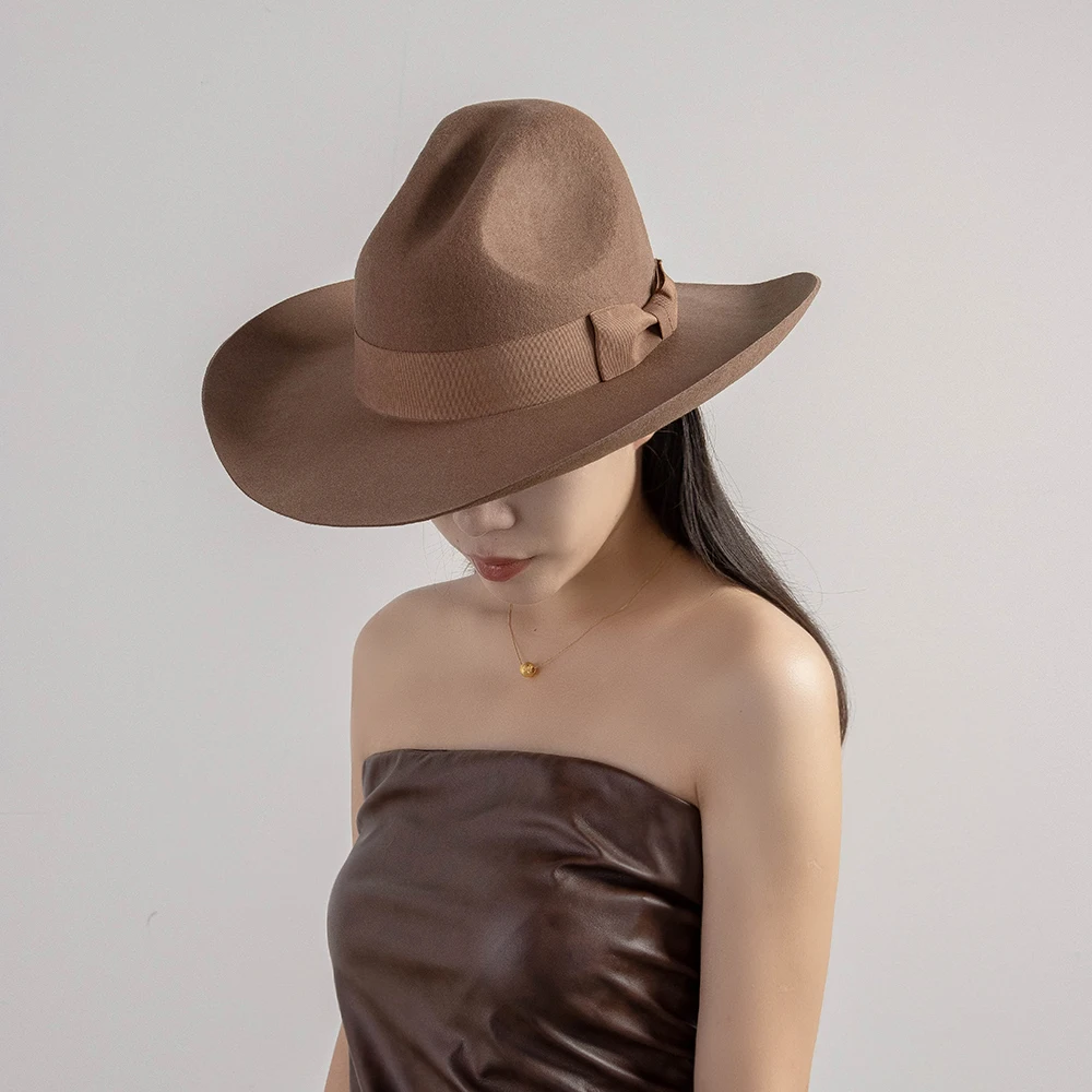 100% Wool Felt Cowboy Hat with Grosgrain Ribbon Bowknot Wide Brim Wool Felt Hat