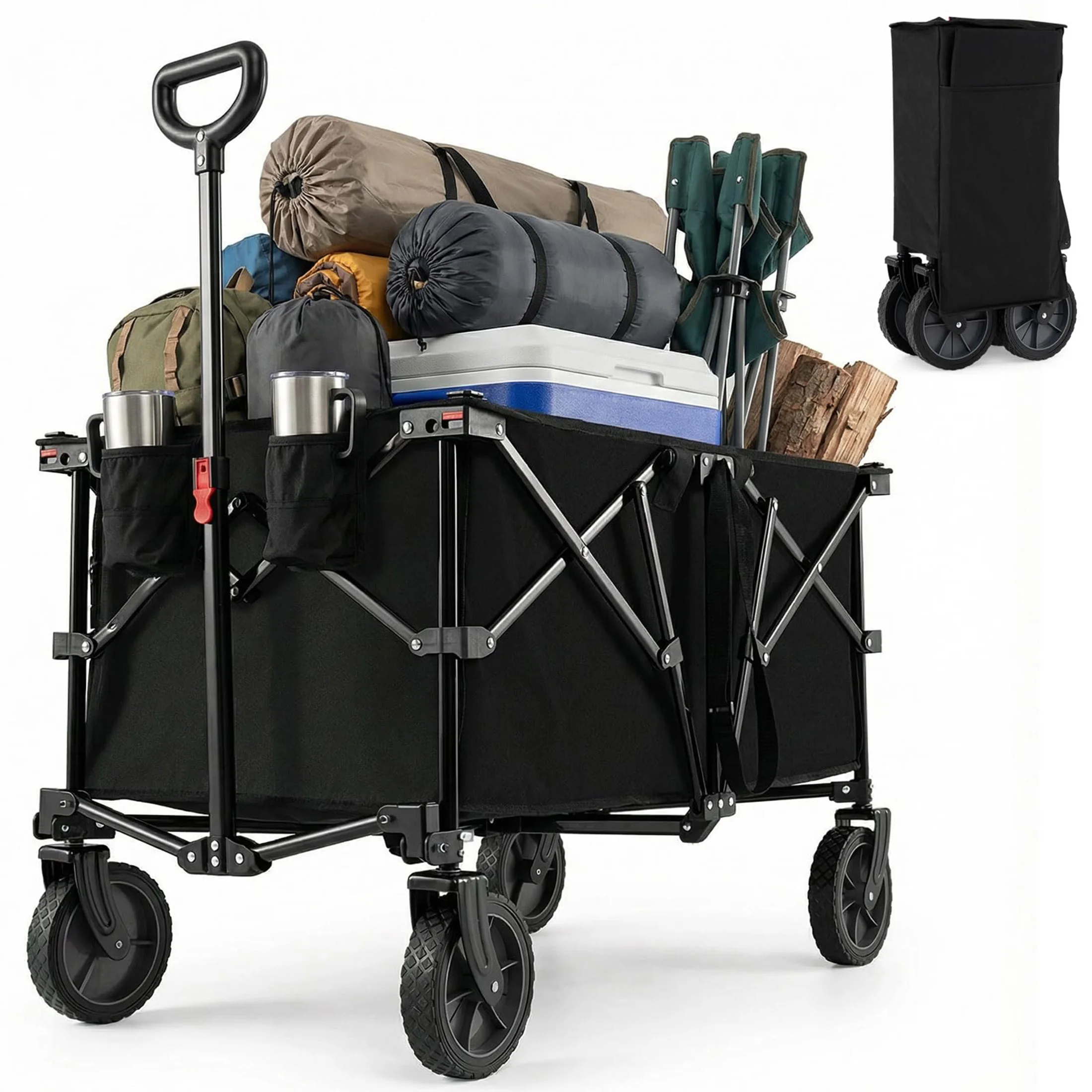 Collapsible Wagon Cart, 400 LBS Heavy Duty Folding Beach Wagon with All Terrain Wheels and 2 Cup Holders, 180 L Portable Utility Cart with Adjustable Handle for Camping, Shopping, Outdoor Sports, Black