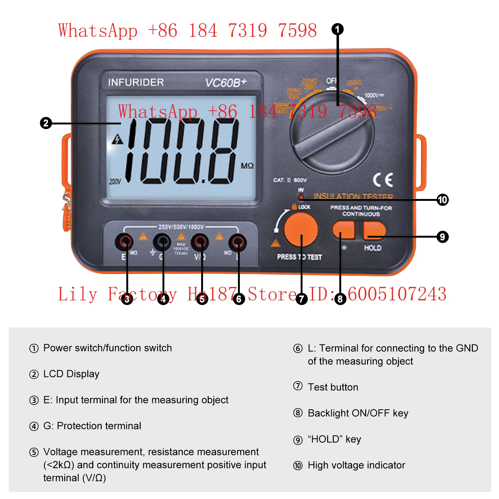 Ohm High Voltage Portable Multimeter DCV ACV Resistance 0-2000M Digital MegOhm Meter Insulation Tester DC 250/500/1000V AC750V
