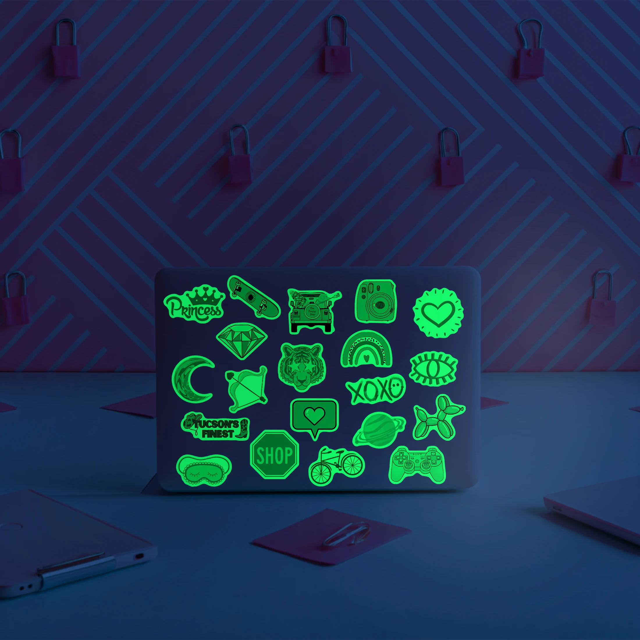 50Pcs Pink Pattern Glow in the Dark Stickers Waterproof Vinyl Stickers Phone Case Skateboard Decoration for Kids Teens DIY Gifts