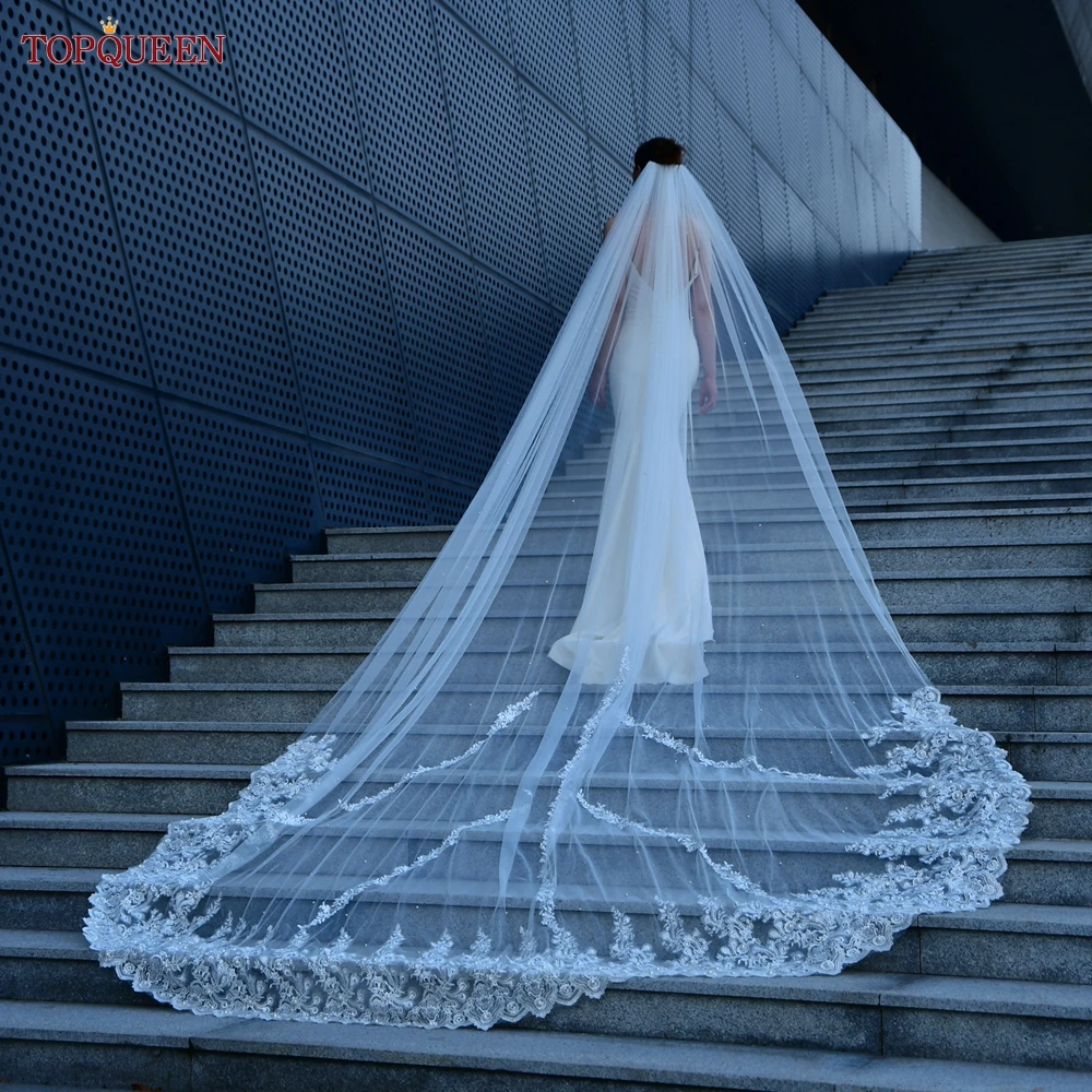 

TOPQUEEN V108 Long Wedding Veil Bridal Cathedral Pearl Veil with Lace Phoenix Flower Motifs Edged in Romantic Eyelash Lace