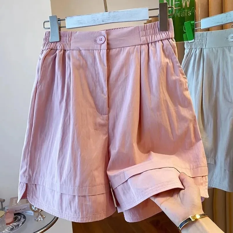 Women's High-Waisted Casual Shorts, Elastic Waist Wide-Leg Cotton Shorts with Double-Layer Hem, Loose-Fit Summer Culottes