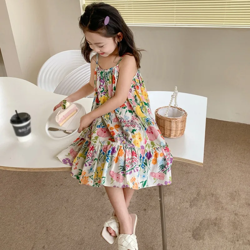 Girls Dress Summer Children\'s Clothing Slip Dress Flowers Printing Toddler Girls Sleeveless Princess Dress Party Clothes