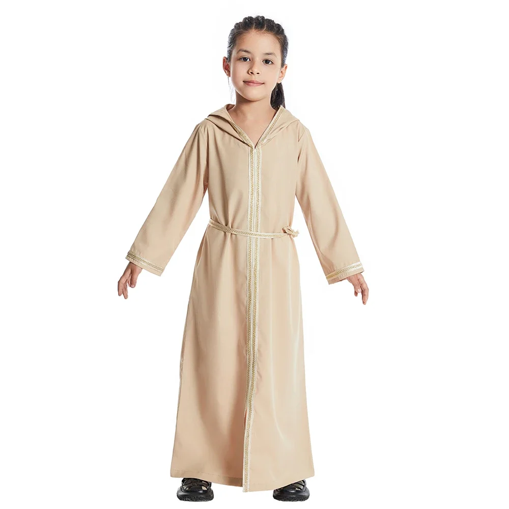 2025 Fashion Casual Girls Kids Muslim Long Dress Islamic Clothing Dubai Abayas Hooded Children Eid Ramadan Robe Arab Robe Gown