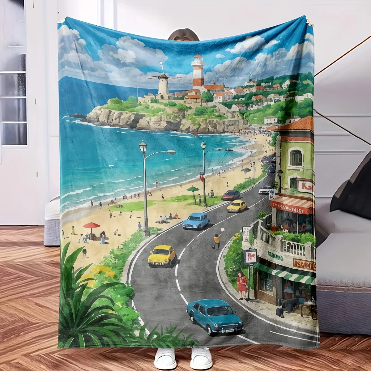 Mediterranean Coastal Town Scenery Throw Blanket European Travel Art Print Beach Summer Decor Indoor Picnic Throw Gift