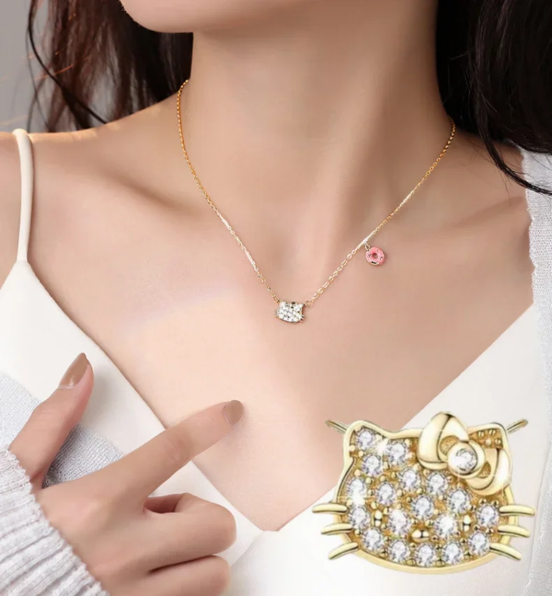 Sanrio Hello Kitty Necklace Diamond Anime Hello Kitty Pendant Girls Fashion Decoration Clavicle Chain Kids Birthday Holiday Gift