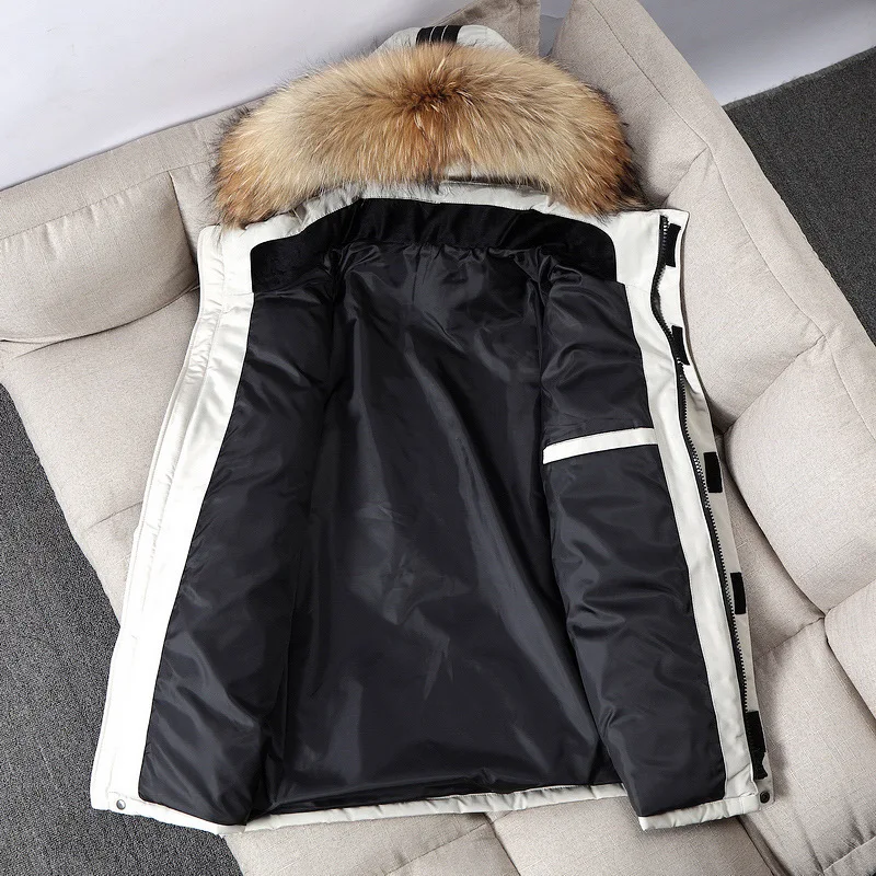 Men's ort Sle down Jaet Thi Fur Collar Casual White Du down Filled Coat Long Length Pure Color Winter Outerwear