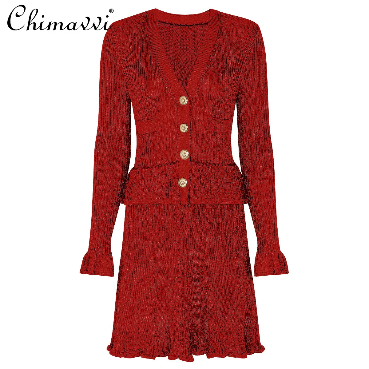 High-End Knitted Dress Spring and Autumn New Fashion Bright Silk Slimming V-Neck Long Sleeve Short Elegant Lady Knitted Dress