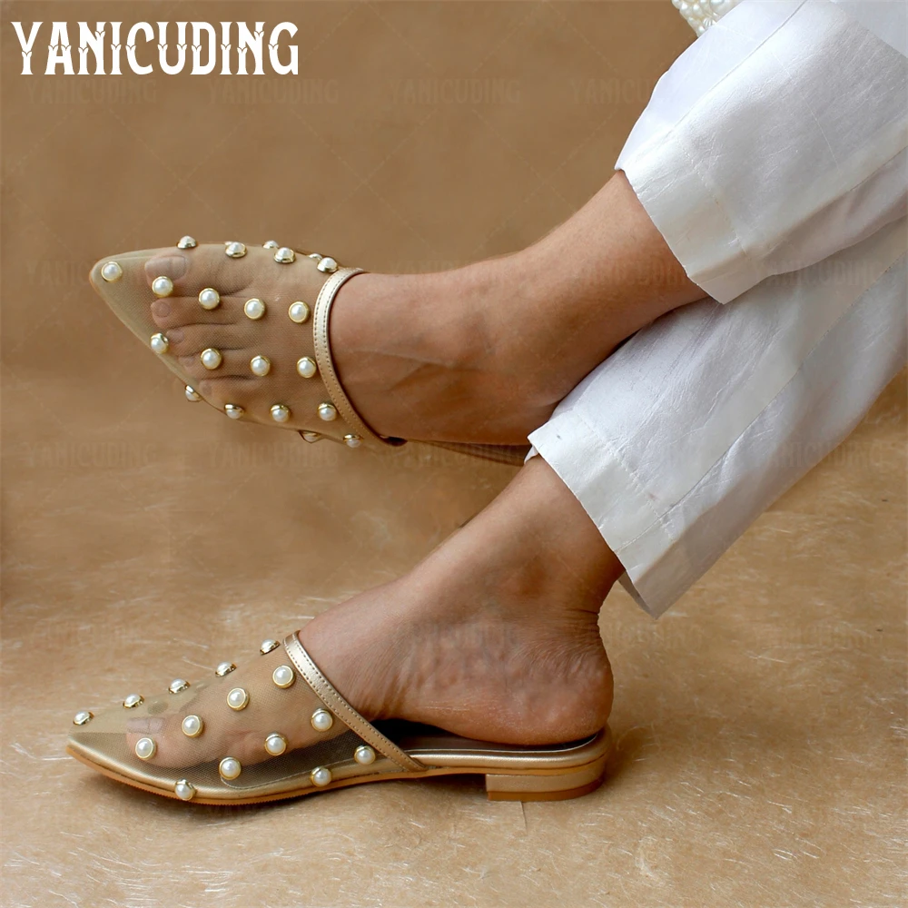 

Pointed Toe Mesh Mules Comfortable Flat Slippers Floral Beads Pearl Elegant Style Summer Slippers Women's Large Size Flat Mules