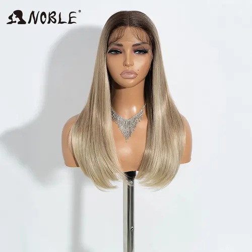 Imagen 2 del producto Peluca Sintética Noble con Frente de Encaje, Estilo Bob Liso con Pelo de Bebé, Peluca Sintética con Encaje de 22 Pulgadas, Raíz Oscura, Rubio Platino, para Mujer