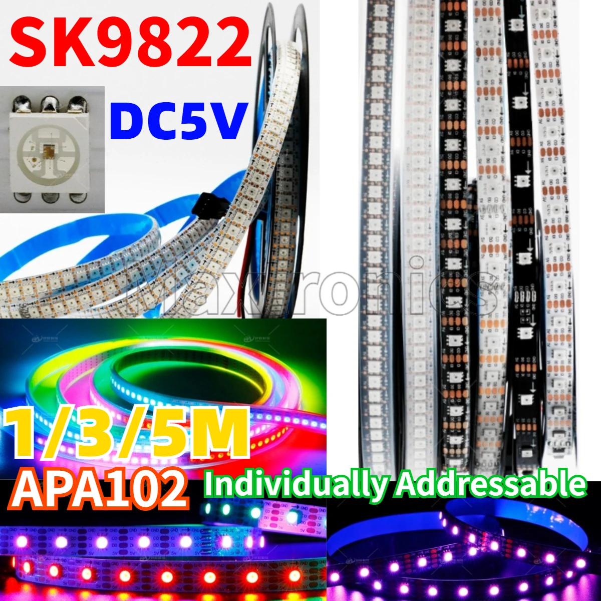 

1 м/3 м/5 м APA102 светодиодная пиксельная 5 В постоянного тока SK9822 светодиодная лента 30/60/144 светодиодов/пикселей/м IP30/IP65/IP67 двойной сигнал индивидуально адресуемый