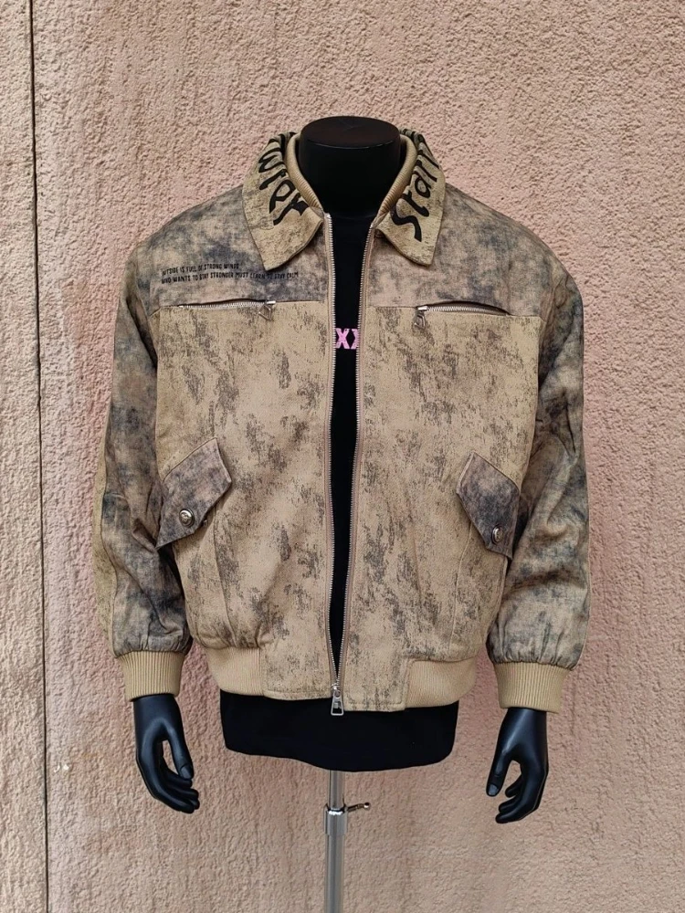 Men’s Vintage Washed Workwear Jacket Tie-dye Zip-Up Cargo Style for Spring Autumn Distressed Design Streetwear Fashion Outerwear