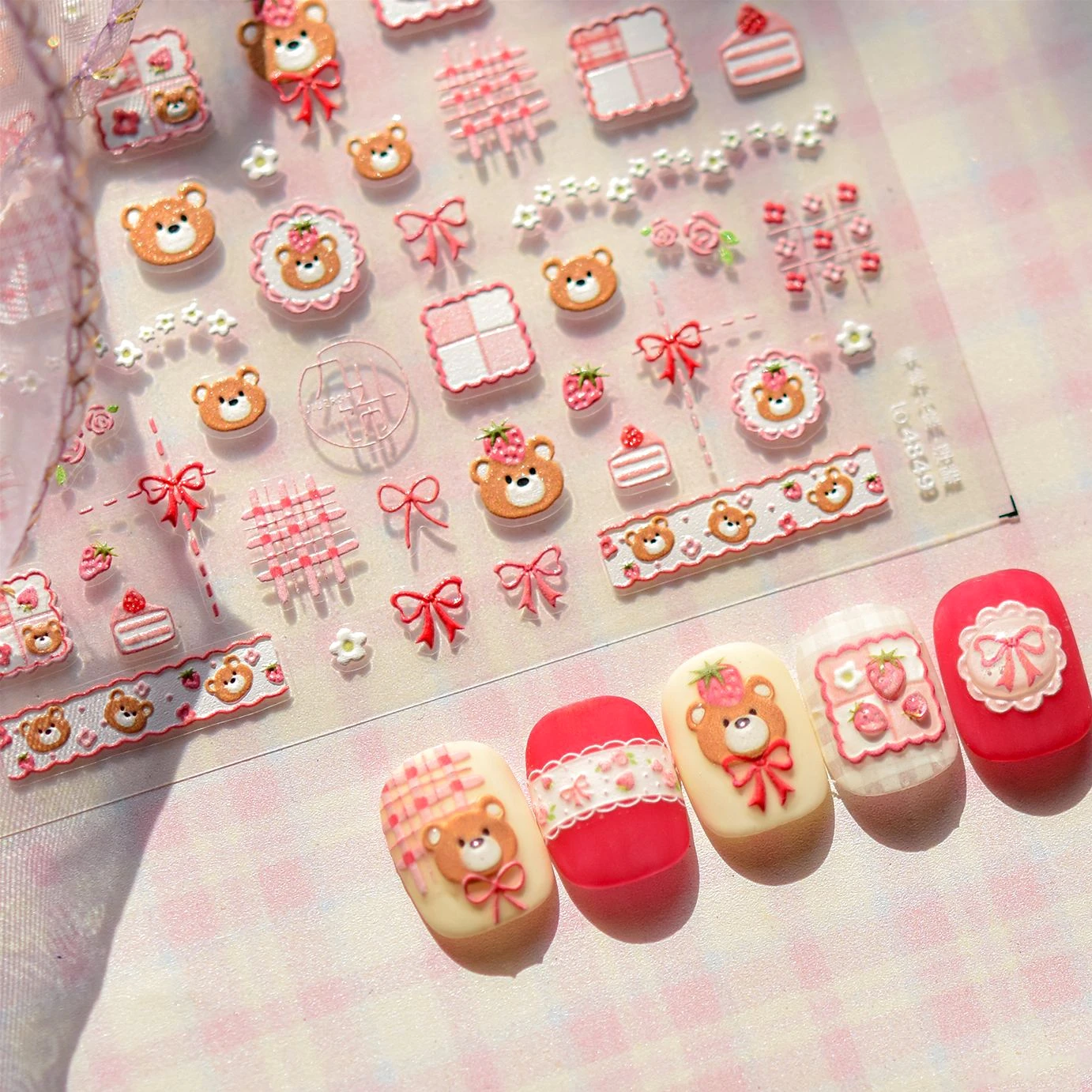 Lovely Bear Strawberry Cake Rose Flower Grid Block Bowknot Embossed Relief Self Adhesive Nail Art Sticker Cute 3D Manicure Decal