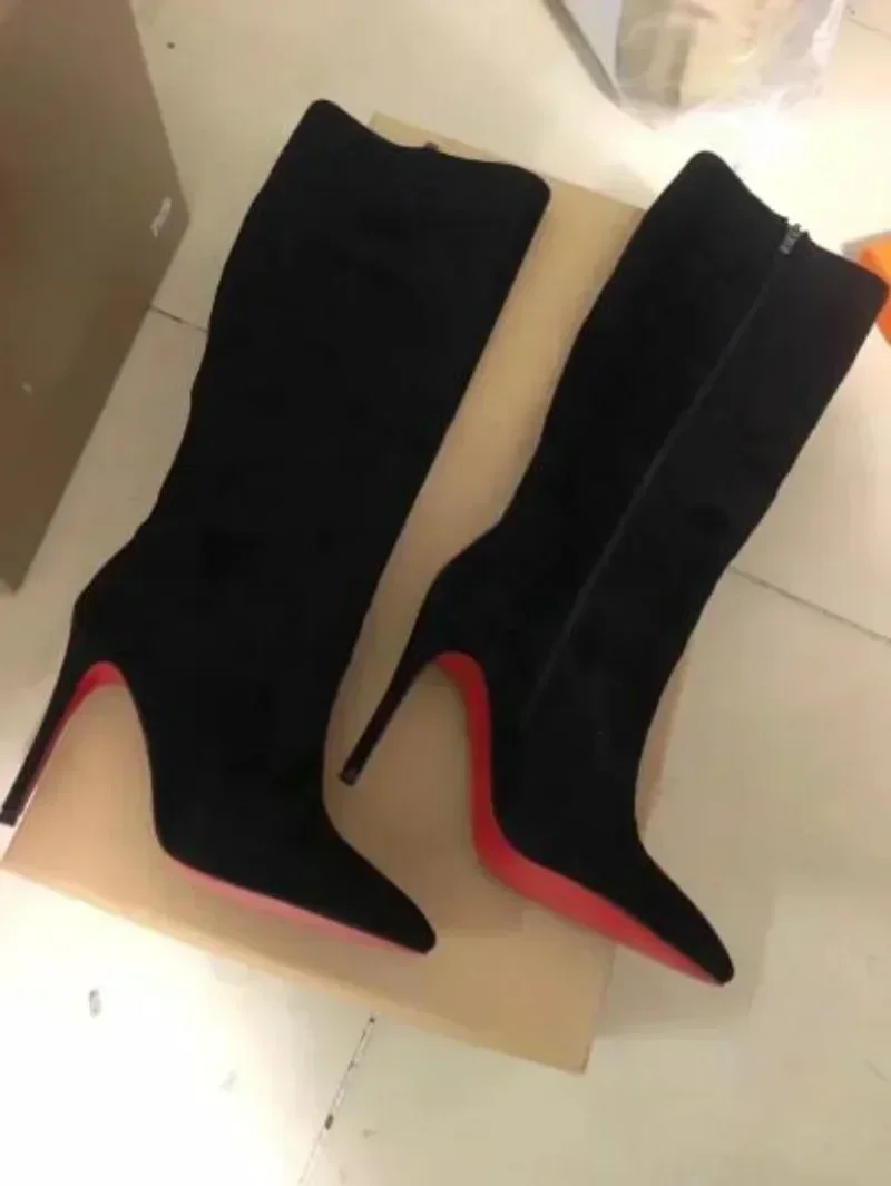 Zapatos de suela roja de cristal para mujer, botas largas de punta estrecha, botines modernos de fiesta, tacones de lujo, alta calidad, moda Sexy, otoño