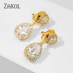 ZAKOL Classic Water Drop Zircon Clip Earrings Without Piercing for Women Fashion Bridal Wedding Jewelry Dropshipping