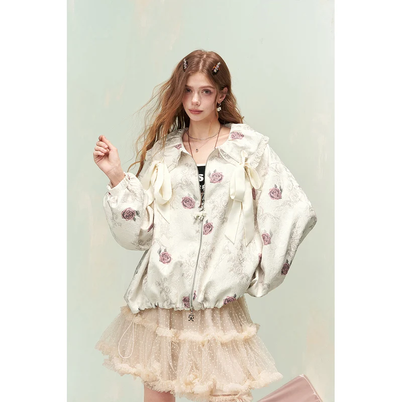 ELFSACK Women's Rose Print Bomber Jacket Sweet Peter Pan Collar Loose Fit Floral Jacquard Coat with Bows Chic Casual Outerwear