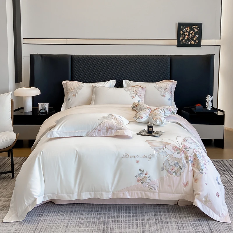 

Chic Flower Butterfly Embroidery Bedding Set 100% Cotton Duvet Cover Fitted Bed Sheet Pillowcases Home Textile King Queen Size