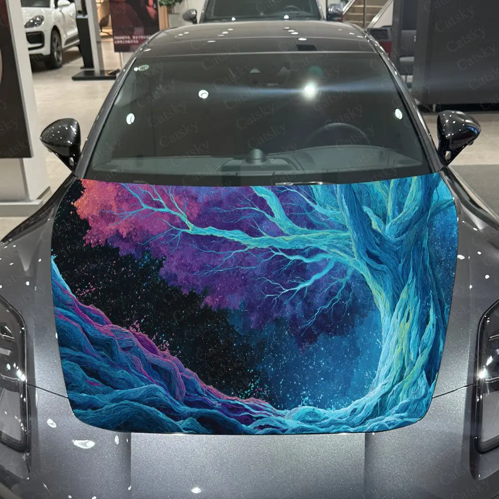 สติ๊กเกอร์ติดฝากระโปรงรถลายต้นไม้เนบิวลาที่น่าหลงใหล - มีกาวในตัว กันน้ำ และทนทาน หุ้มด้วยไวนิล ตกแต่งและปกป้องรถของคุณ -