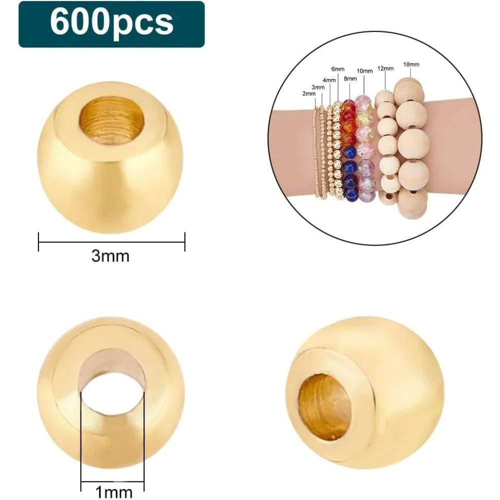 600PCS 18k Gold Palted Spacer Beads 3mm Smooth Golden Metal Loose Tiny Ball Beads Little Round Spacers for DIY