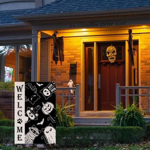 12X18Inch Halloween Welcome Cat Boo Garden Flag, Trick or Treat Yard Flag,Black