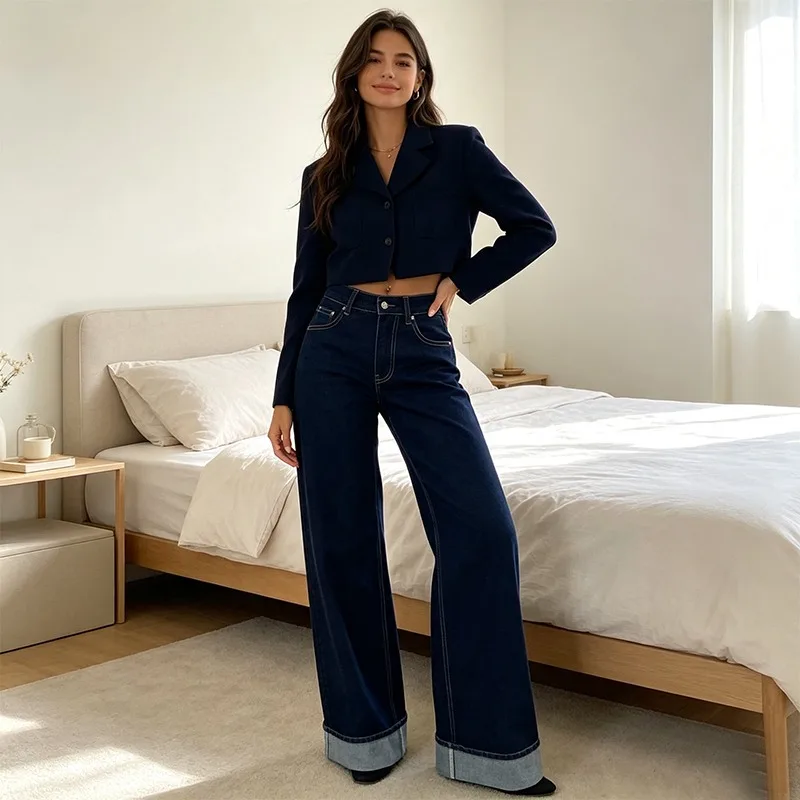 Women High Waist Roll Up Wide Leg Denim Jeans Slim Contrast Stitching Straight Cuff Floor Length Casual Long Trousers