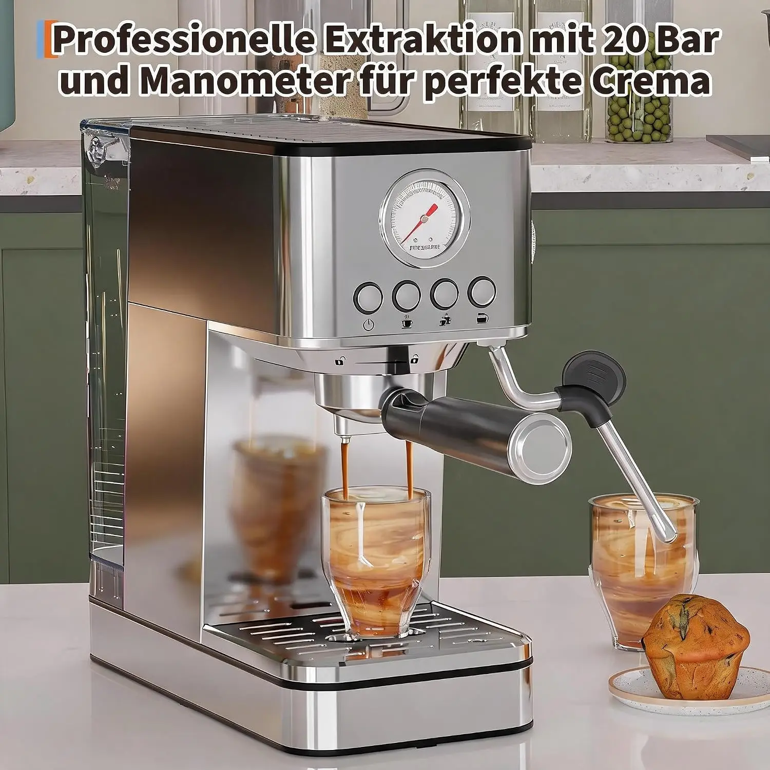 Cafetera Espresso con Filtro Central, 20 Bares, 1200 W, Sistema de Calentamiento Rápido Thermoblock, 360 ° Boquilla para vapor/espumador de leche - depósito de agua extraíble de 1,7 L.