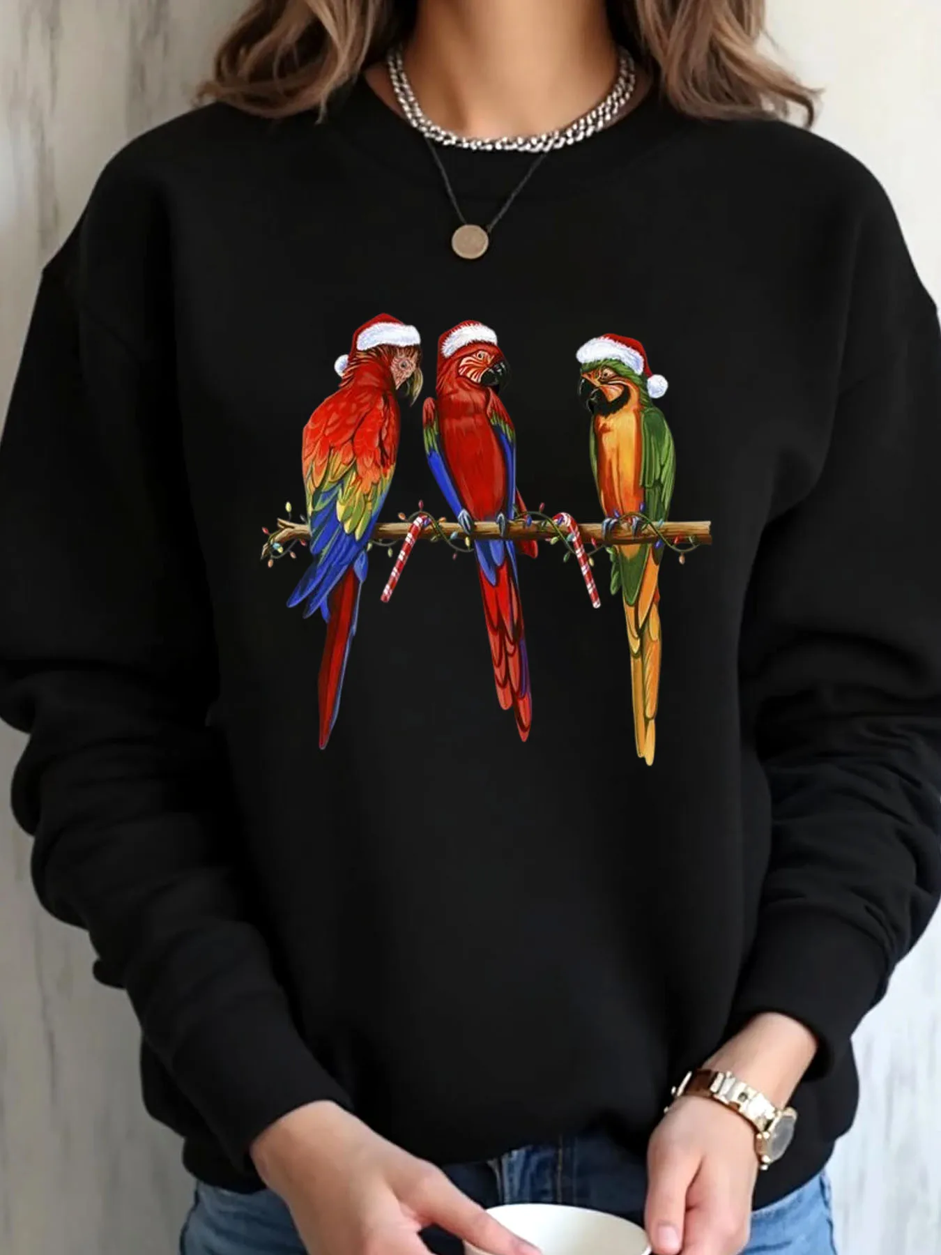 Women Oversized Sweatshirt Christmas Parrots Santa Hat Print Outdoor Wear