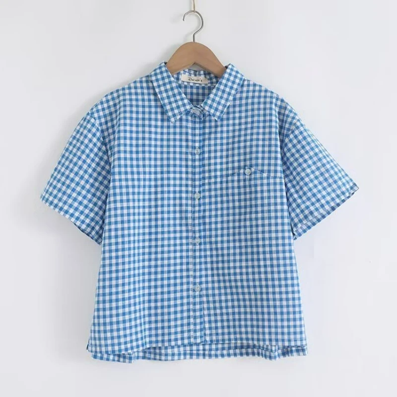 

Японские милые винтажные клетчатые рубашки Mori Girl, женские летние повседневные свободные блузки с отложным воротником и короткими рукавами, топы