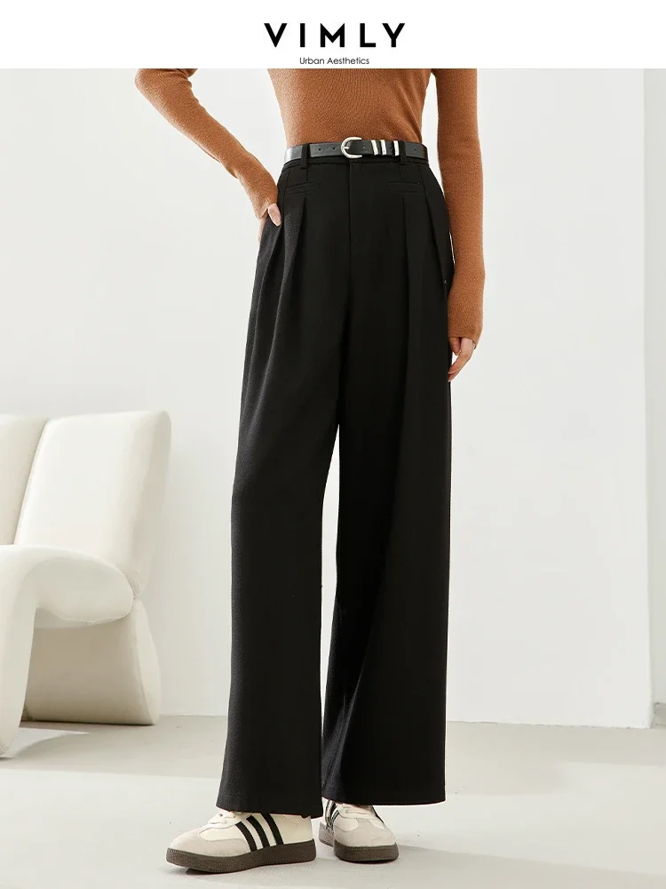 Vimly Wide Leg Thicken Woolen Dress Pant for Women 2023 Winter High Waist Baggy Pants with Leather Belt Woman Trousers 16323