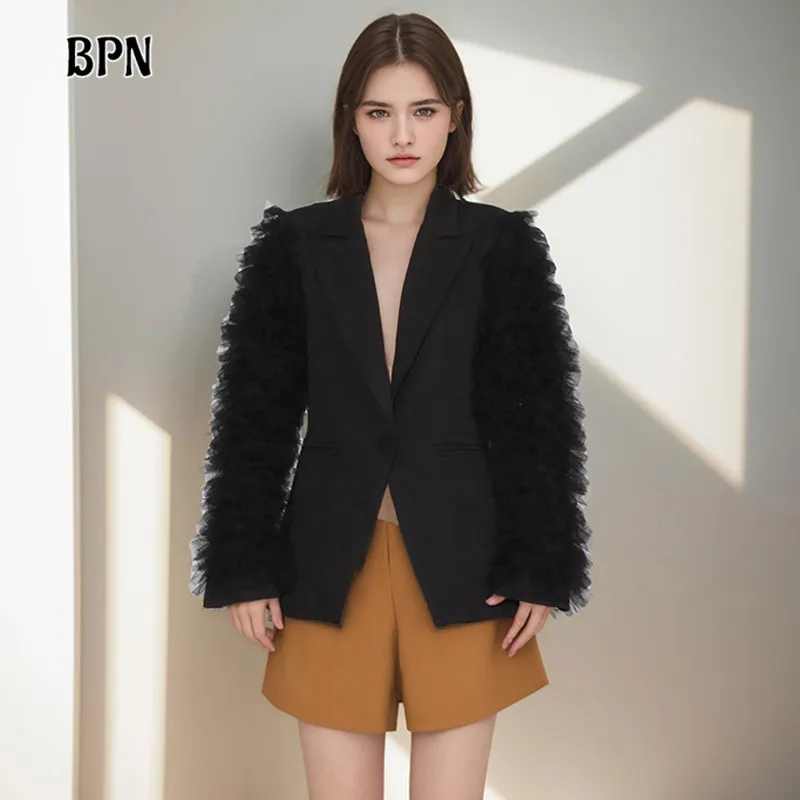 

BPN Casual Patchwork Sheer Mesh Blazers For Women Notched Collar Long Sleeve Spliced Single Button Vintage Blazer Female Fashion