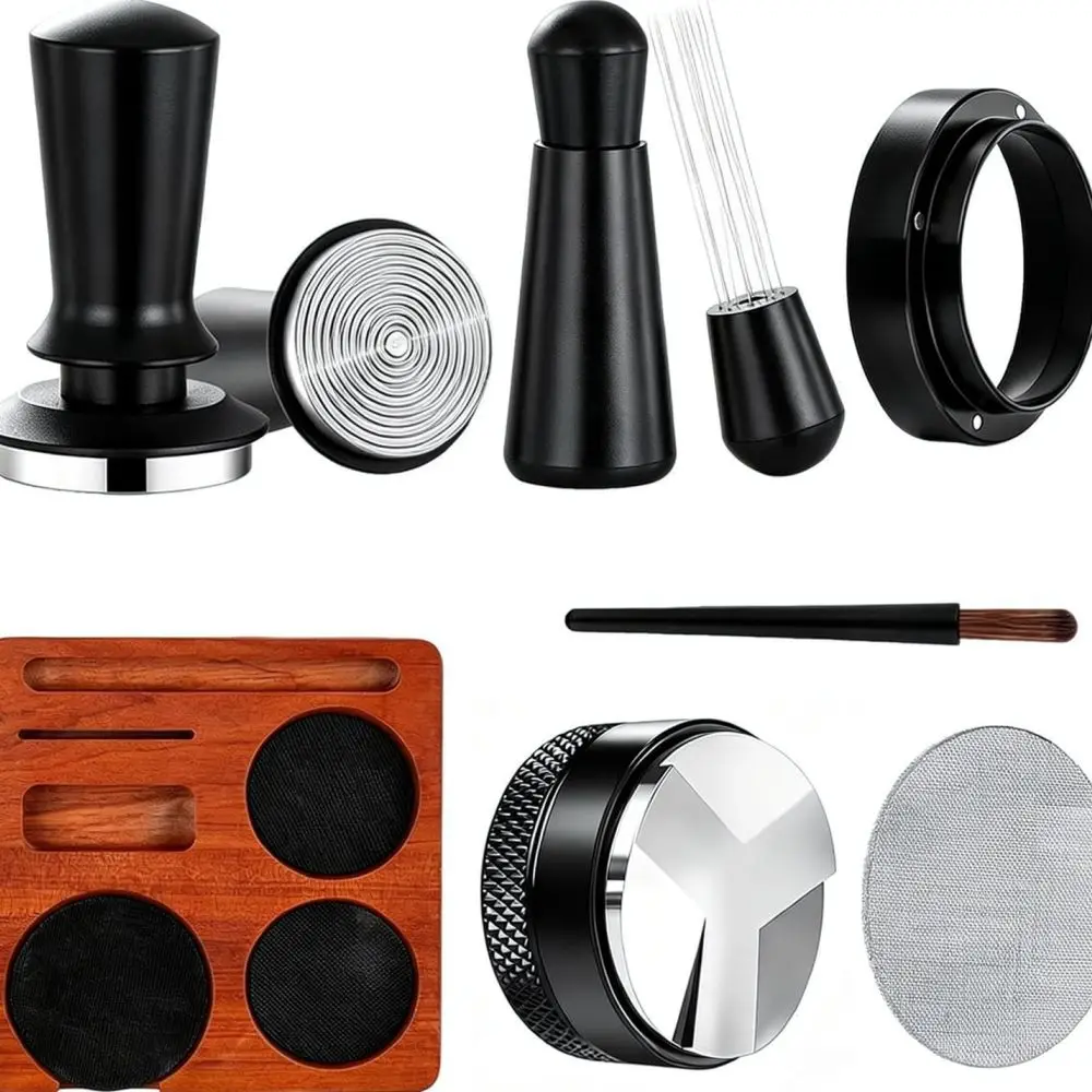 Sapele Wood Coffee Tamper Station Kit Espresso Distributor Calibrated Tamper Needle WDT Tool Dosing Ring Home Barista Essentials