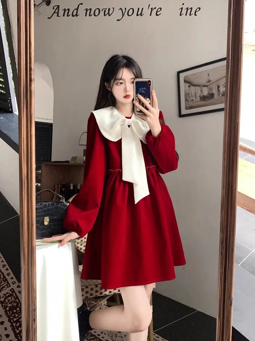 2024 Autumn Winter Preppy Style Maternity Dress with Large Bowknot Plus Size Pregnant Woman Velvet Dress Black Party Dress Loose