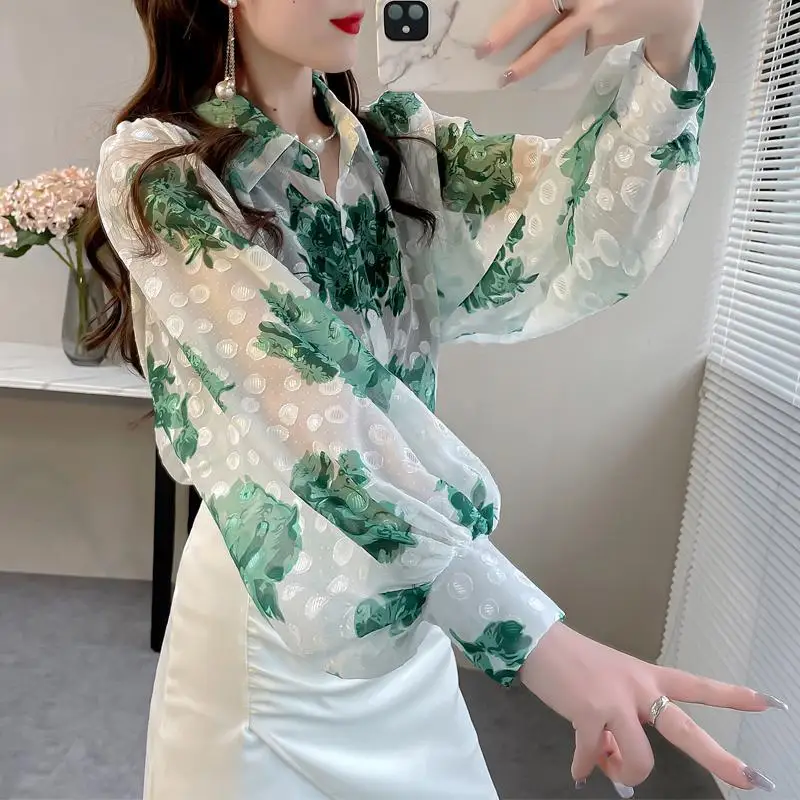 Fashion Lapel Button Printed Lantern Sleeve Shirt Women Clothing 2022 New Oversized Loose Casual Tops All-match Commute Blouse