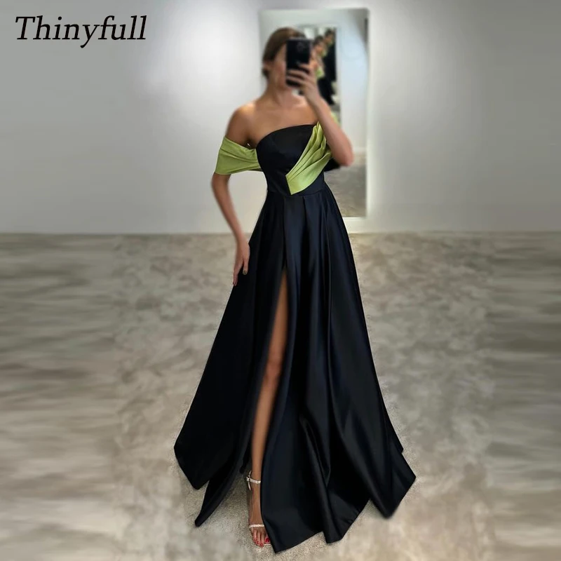 Thinyfull A-line Satin Evening Dress Off Shoulder Strapless Prom Dresses Split Sleevless Long Formal Occasion Dress Customized