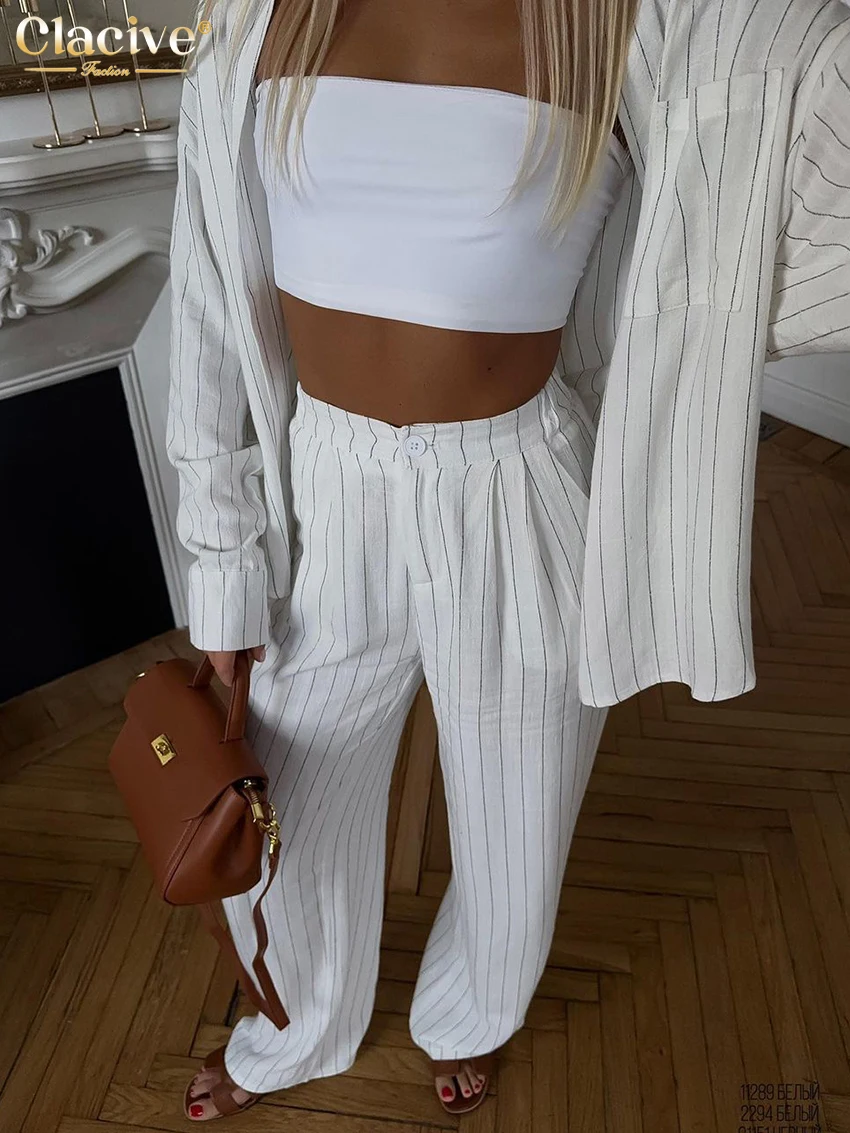 Clacive Fashion Loose Stripe Cotton Trousers Sets For Women 2 Pieces Elegant Long Sleeve Blouse With High Waist Wide Pants Set