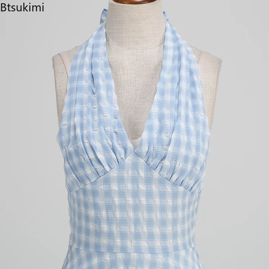 2025年新作 レディース ヴィンテージ ネックマウント ブルー ドレス サマーカジュアル スリムフィット チェック柄ワンピース レディース スイング ティーパーティー エレガントドレス