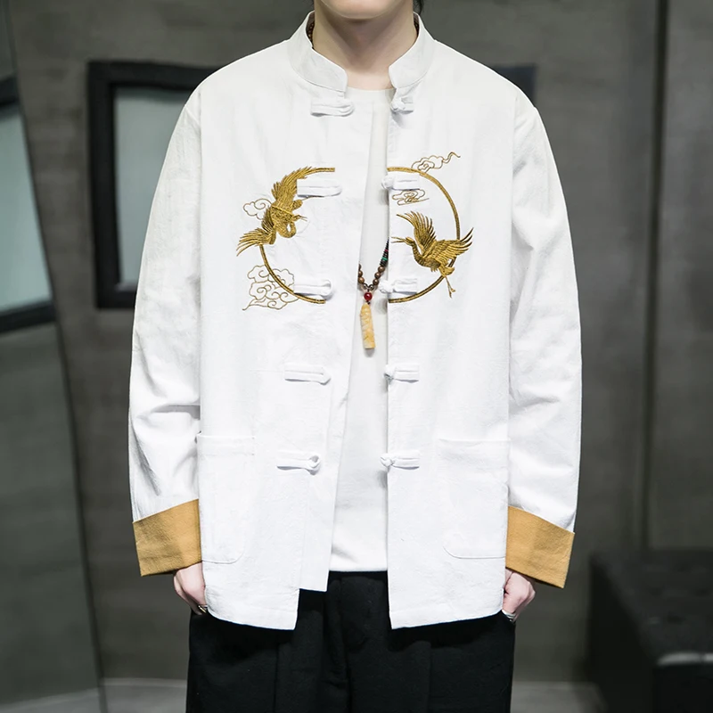 Shirts Men's Embroidered Retro Linen Cotton Casual Breathable Top Coats Men's Chinese Style Tang Suit Kung Fu Tai Chi Jacket Men