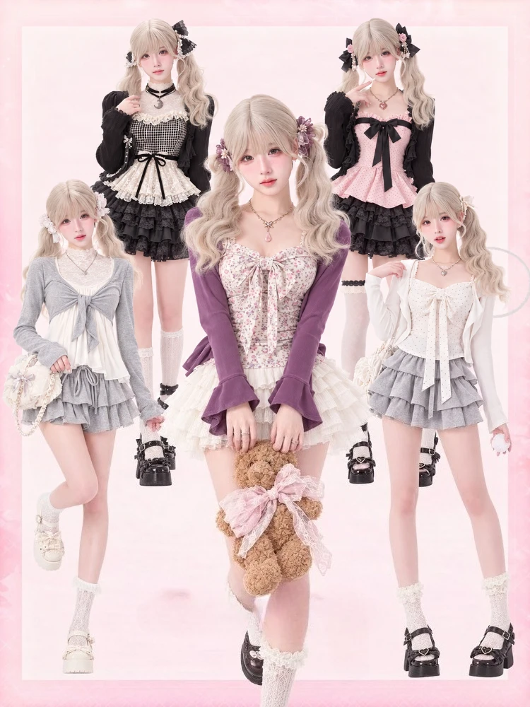 Japanese Sweet Preppy Women Two Piece Set Kawaii Lace Bow Tops Mini Skirt Korean American Retro Subculture Cute Fashion Outfits