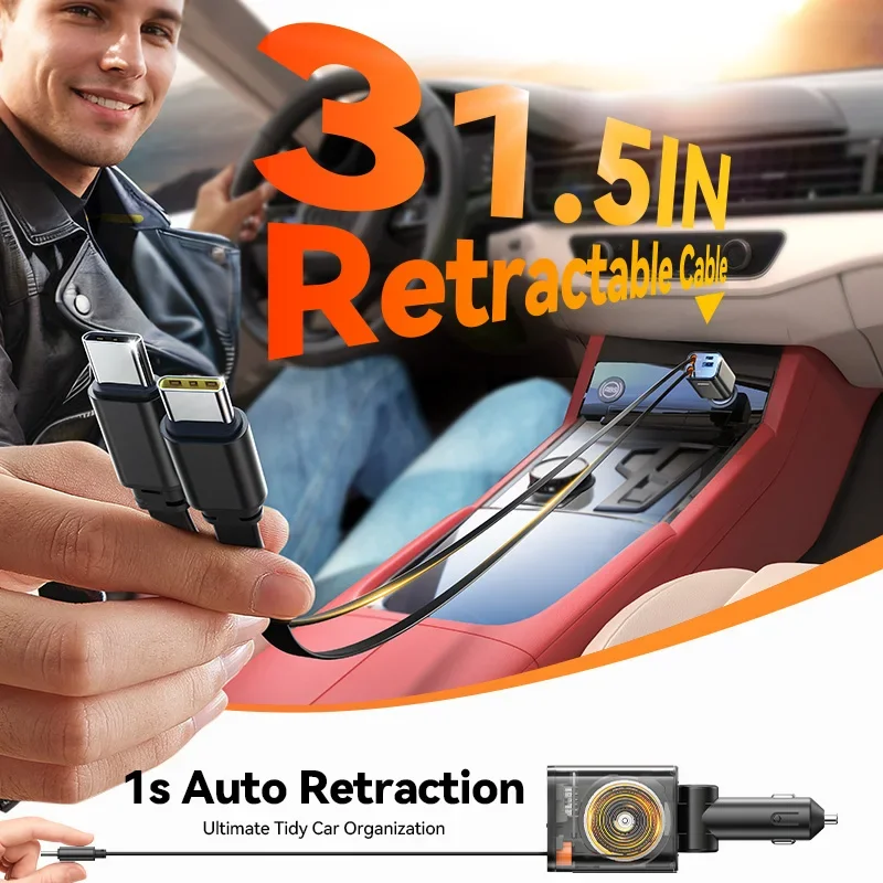 Joyroom 84 واط شاحن سيارة مع كابل قابل للسحب شحن سريع ولاعة السجائر محول المزدوج نوع C كابلات آيفون 17 16 15