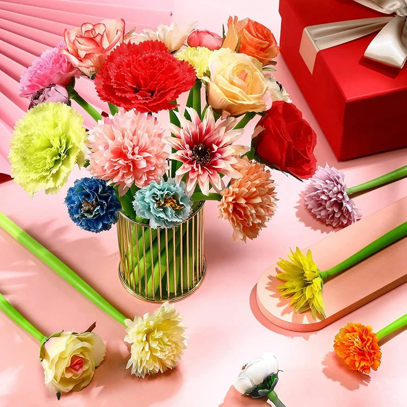 24 Pcs Flower Pens Colors Daisy Rose Carnation Ballpoint Pen Novelty Artificial Rose Pen 0.5Mm Black Ink Pen-A69M