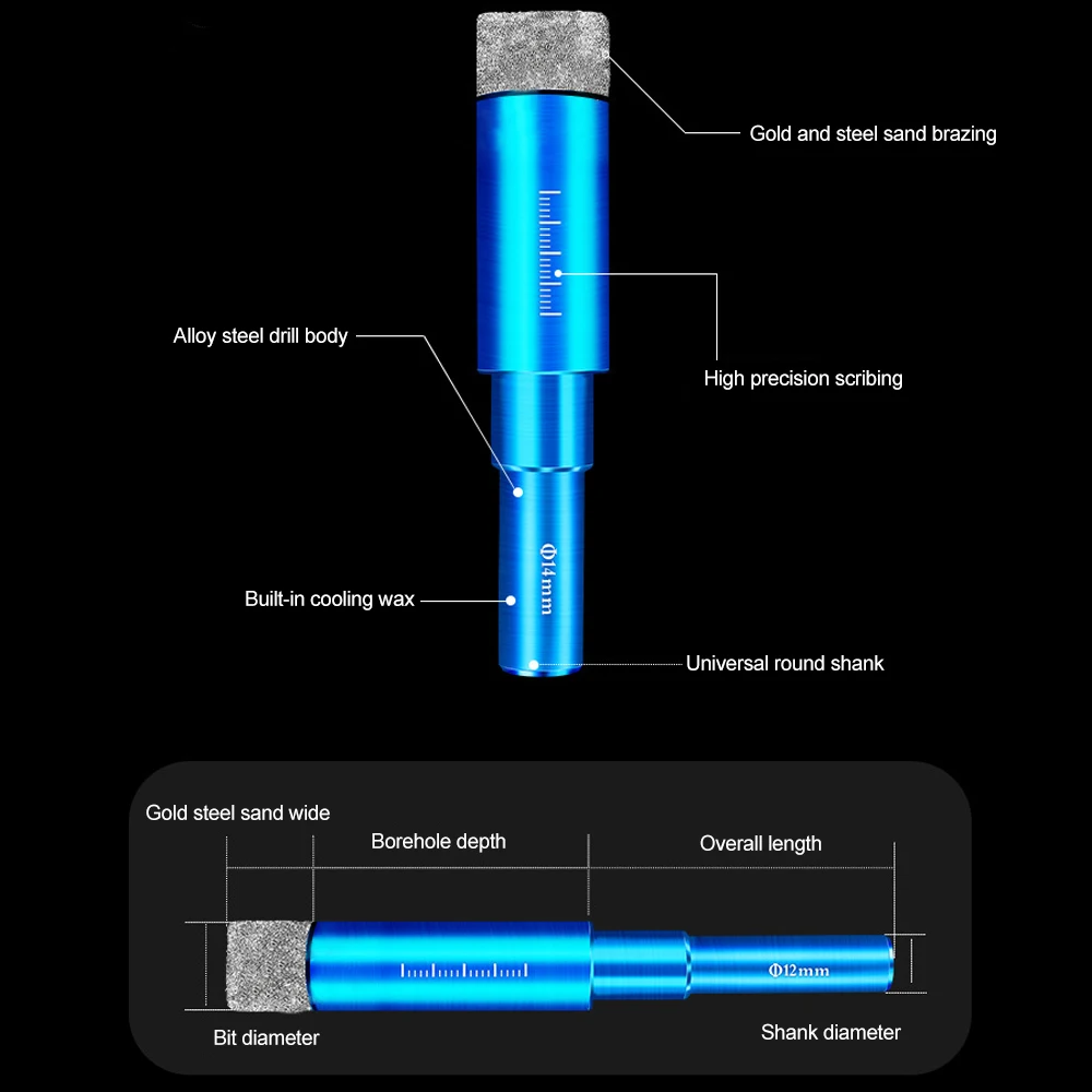 6MM 8MM 10MM 12MM 14MM 16MM Diamond Coated Drill Bit Tile Marble Glass Ceramic Hole Saw Dry Drill Diamond Core Bit Meal Drilling