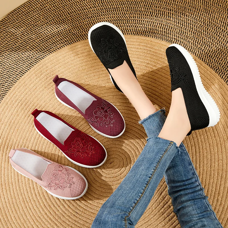 Flower Embroidery Knit Mesh Slip On Shoes Women Breathable Non Slip Soft Sole Daily Comfort Walking Casual Sneakers view 3