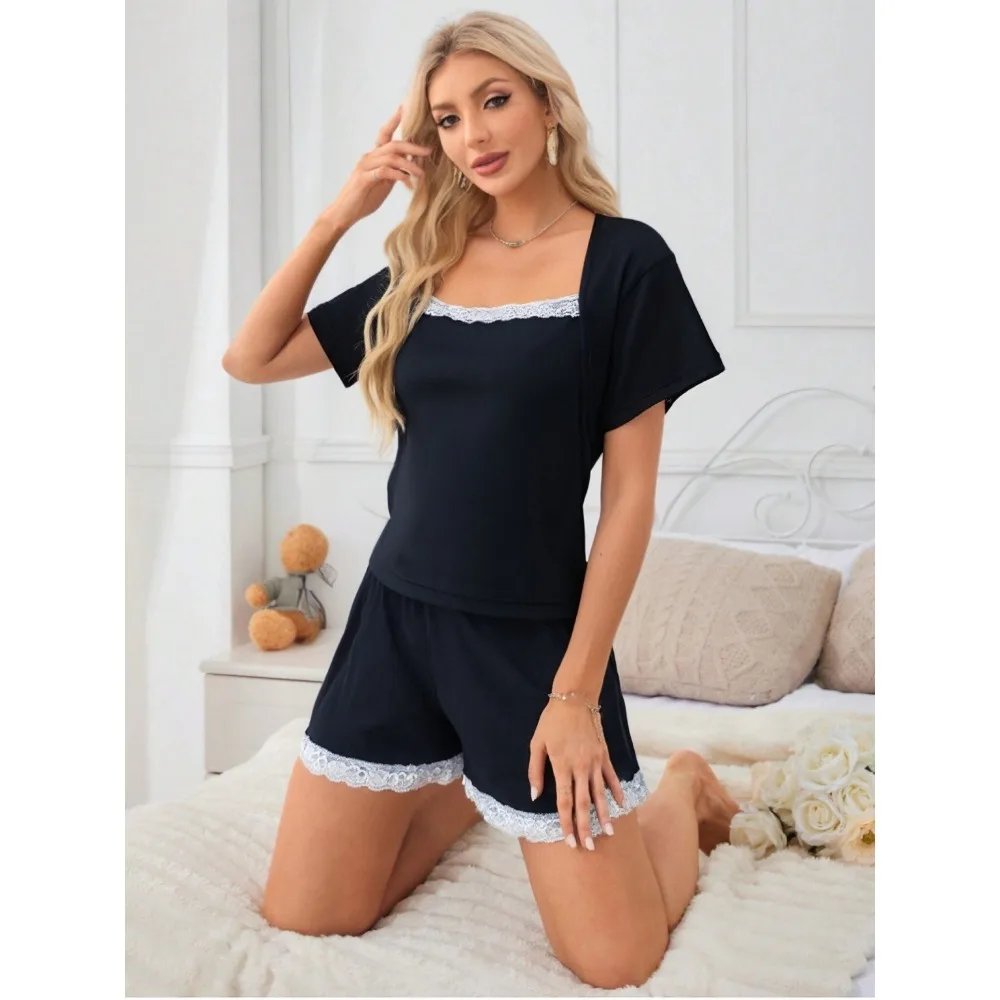 

Новый женский комплект сексуальной кружевной пижамы 2026 года: шорты и футболка с коротким рукавом, 2 предмета, летняя повседневная домашняя одежда для женщин